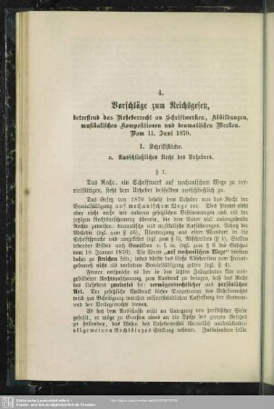 4. Vorschläge zum Reichsgesetz, betreffend das Urheberrecht an Schriftwerken, Abbildungen ...