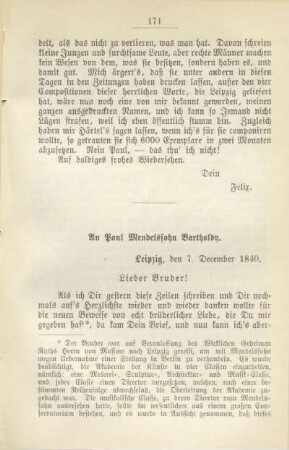 An Paul Mendelssohn Bartholdy. Leipzig, den 7. December 1840
