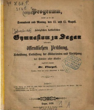 Programm des Königl. Katholischen Gymnasiums zu Sagan : über das Schuljahr ..., 1869/70