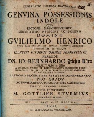 Diss. iur. inaug. de genuina possessionis indole