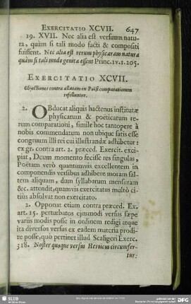 Exercitatio XCVII. Obiectionis contra allatam ex Poesi comparationem refelluntur