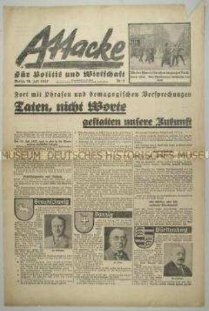 Deutschnationale Wahlzeitung "Attacke" aus dem Vorfeld der Reichstagswahl vom 31. Juli 1932