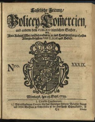 Nro. XXXIX, Montags, den 28. Sept. 1739