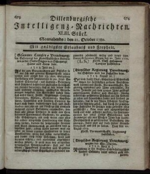 XLIII. Stück. Sonnabends : den 21. October 1780.