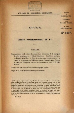 Annales du commerce extérieur. Coton. Faits commerciaux. 1/2, 1/2. 1864