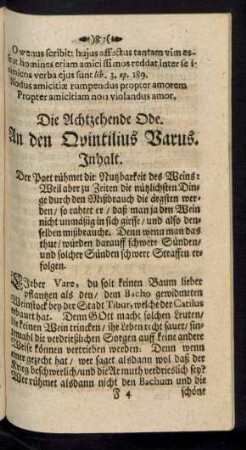 Die Achtzehende Ode. An den Quintilius Varus