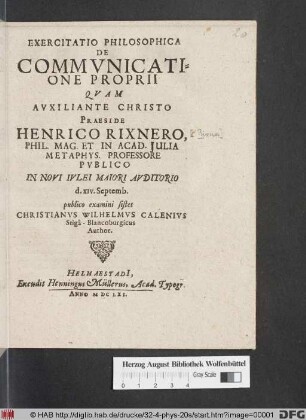 Exercitatio Philosophica De Communicatione Proprii