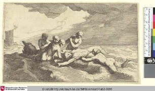 [Hero and Leander; Hero und Leander; Der ertrunkene Leander liegt von Nymphen umgeben am Strand, im Hintergrund Heros erloschene Fackel im Turm]