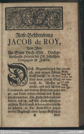 Reise-Beschreibung Jacob de Roy