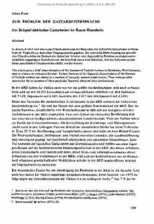 Zum Problem der Gastarbeitersprache. Am Beispiel türkischer Gastarbeiter im Raum Mannheim
