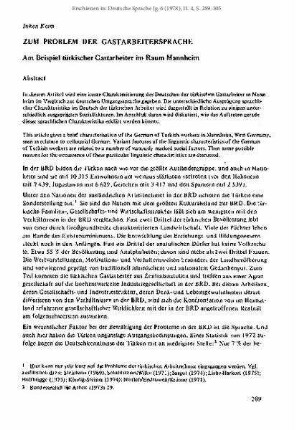 Zum Problem der Gastarbeitersprache. Am Beispiel türkischer Gastarbeiter im Raum Mannheim
