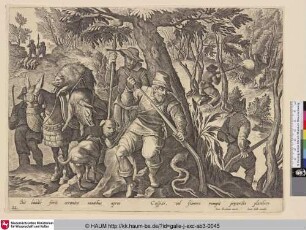 [Wildschweinjagd mit Gewehren, links ein Esel; Boar hunt with shotguns]