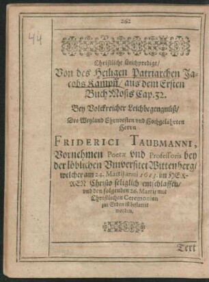 Christliche Leichpredigt ... Herrn Friderici Taubmanni ...