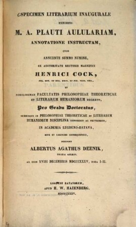 Specimen literarium inaugurale exhibens Maccii Plauti Aululariam, annotatione instructam