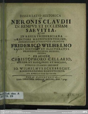 Dissertatio Historica De Neronis Claudii In Rempub. Et Ecclesiam Saevitia