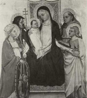 Thronende Madonna mit dem Kinde und vier Heiligen