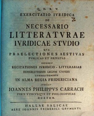 Exercitatio iur. de necessario litteraturae iuridicae studio