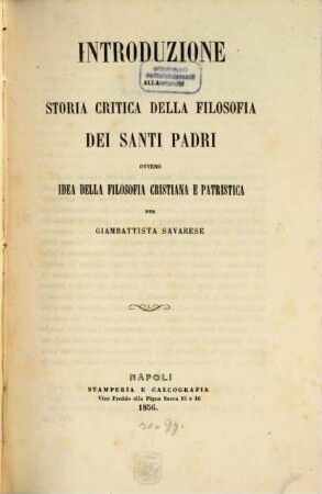 Introduzione alla storia critica della filosofia dei Santi Padri, ovvero idea della filosofia cristiana e patristica