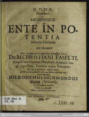 Diatriben ex metaphysicis de ente in potentia