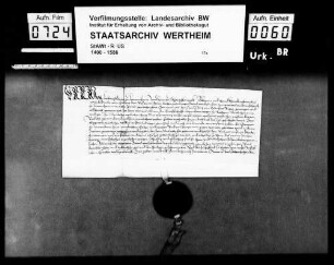 Graf Ludwig zu Löwenstein (Lowenstain), Herr zu Scharfeneck (Scharpffeneck), belehnt David von Helmstadt (Helmstat) mit 1/4 des Zehnten zu Löwenstein.