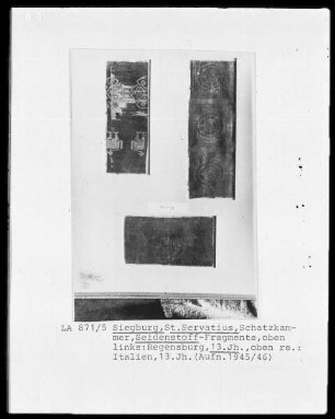 Fragment von einem Seidenstoff mit Löwen und Flechtbandmedaillons