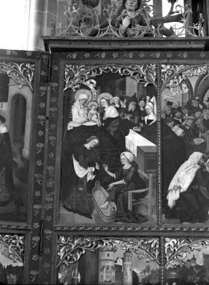 Altar in erster Öffnung — Szenen aus dem Leben Johannes des Täufers — Linker Innenflügel: Vier Szenen aus dem Leben des Heiligen — Die Geburt des Johannes