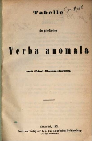 Tabelle der griechischen Verba anomala nach Halm's Klasseneintheilung