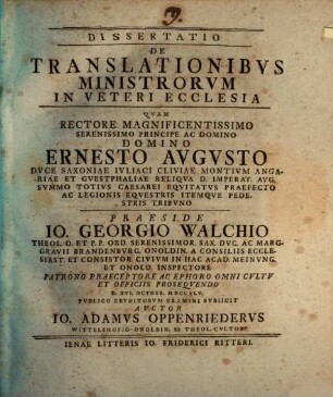 Dissertatio De Translationibvs Ministrorvm In Veteri Ecclesia