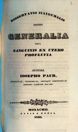 Diss. inaug. sistens generalia circa sanguinis ex utero profluvia
