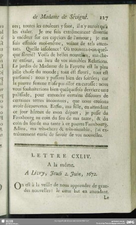 Lettre CXLIV. A la même. A Livry, Jeudi 2. Juin, 1672