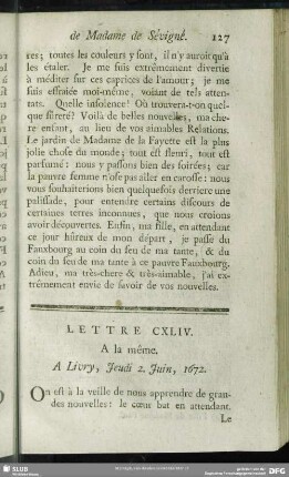 Lettre CXLIV. A la même. A Livry, Jeudi 2. Juin, 1672