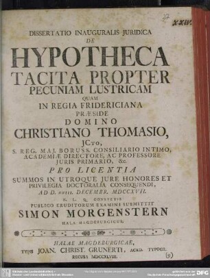Dissertatio Inauguralis Iuridica De Hypotheca Tacita Propter Pecuniam Lustricam