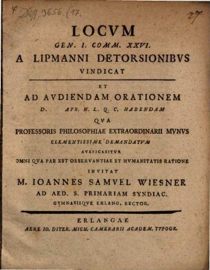 Locum Genes. I, 26. a Lippmanni detorsionibus vindicat : [Progr.]