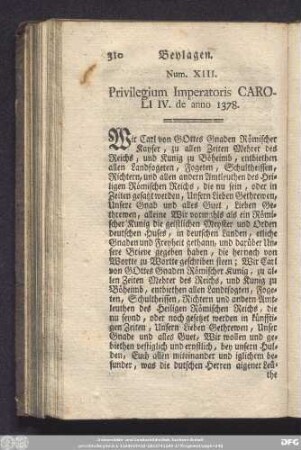 Num. XIII. Privilegium Imperatoris Caroli IV. de anno 1378.