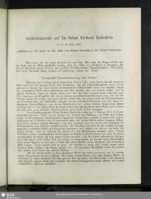 Gedächtnisrede auf Dr. Oskar Richard Enderlein