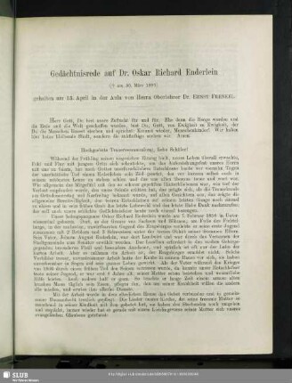 Gedächtnisrede auf Dr. Oskar Richard Enderlein