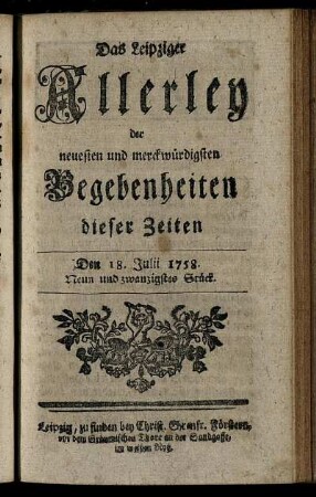 Den 18. Julii 1758. Neun und zwanzigstes Stück.