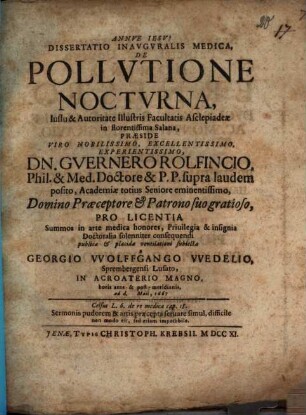 Dissertatio Inavgvralis Medica, De Pollvtione Noctvrna
