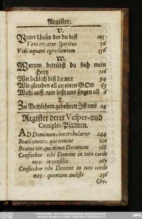 Register derer Vesper- und Complet-Psalmen.