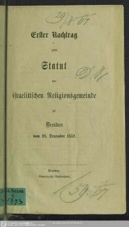 Nachtr. 1: Statut der israelitischen Religionsgemeinde zu Dresden
