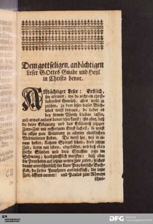 Dem gottseligen, andächtigen Leser GOttes Gnade und Heyl in Christo bevor.