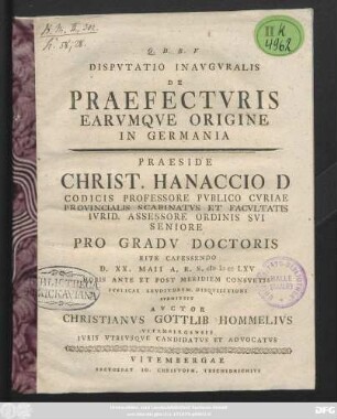 Dispvtatio Inavgvralis De Praefectvris Earvmqve Origine In Germania
