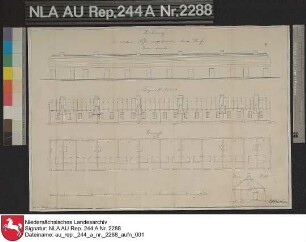 Nesse, Bau eines Armenhauses: Ansicht, Grundriss, Schnitte Kolorierte Zeichnung von Manssen Papier auf Leinen Format 45,3x31,5 M 1:130