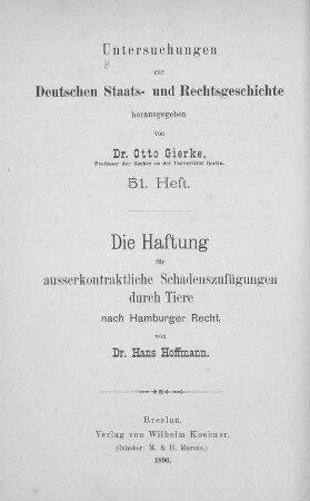 Die Haftung für ausserkontraktliche Schadenszufügungen durch Tiere nach Hamburger Recht