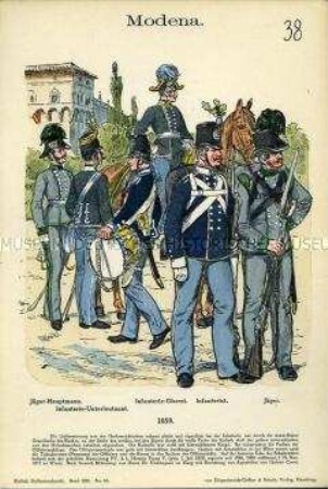 Uniformdarstellung, Hauptmann und Gemeiner des Jäger-Korps, Unterleutnant, Oberst und Gemeiner der Infanterie, Herzogtum Modena, 1859.