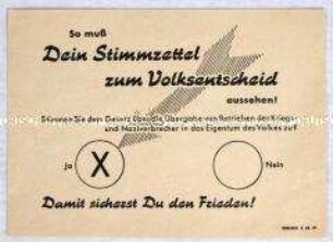 Handzettel mit Hinweisen zum Ausfüllen des Stimmzettels für den Volksentscheid zur Enteignung der Nazi- und Kriegsverbrecher