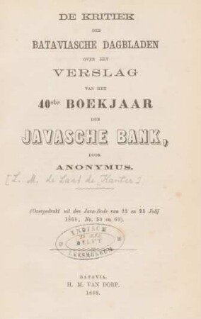 De kritiek der Bataviasche dagbladen over het verslag van het 40ste boekjaar der Javasche Bank