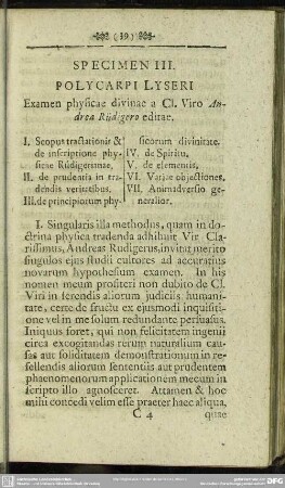 Speciem III. Polycarpo Lyseri Examen physicae divina a Cl. Viro Andrea Rüdigero editae