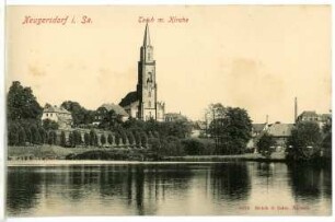 Neugersdorf. Kirche und Teich