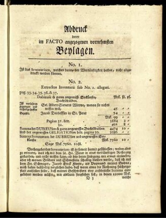 Abdruck derer im Facto angezogenen vornehmsten Beylagen.